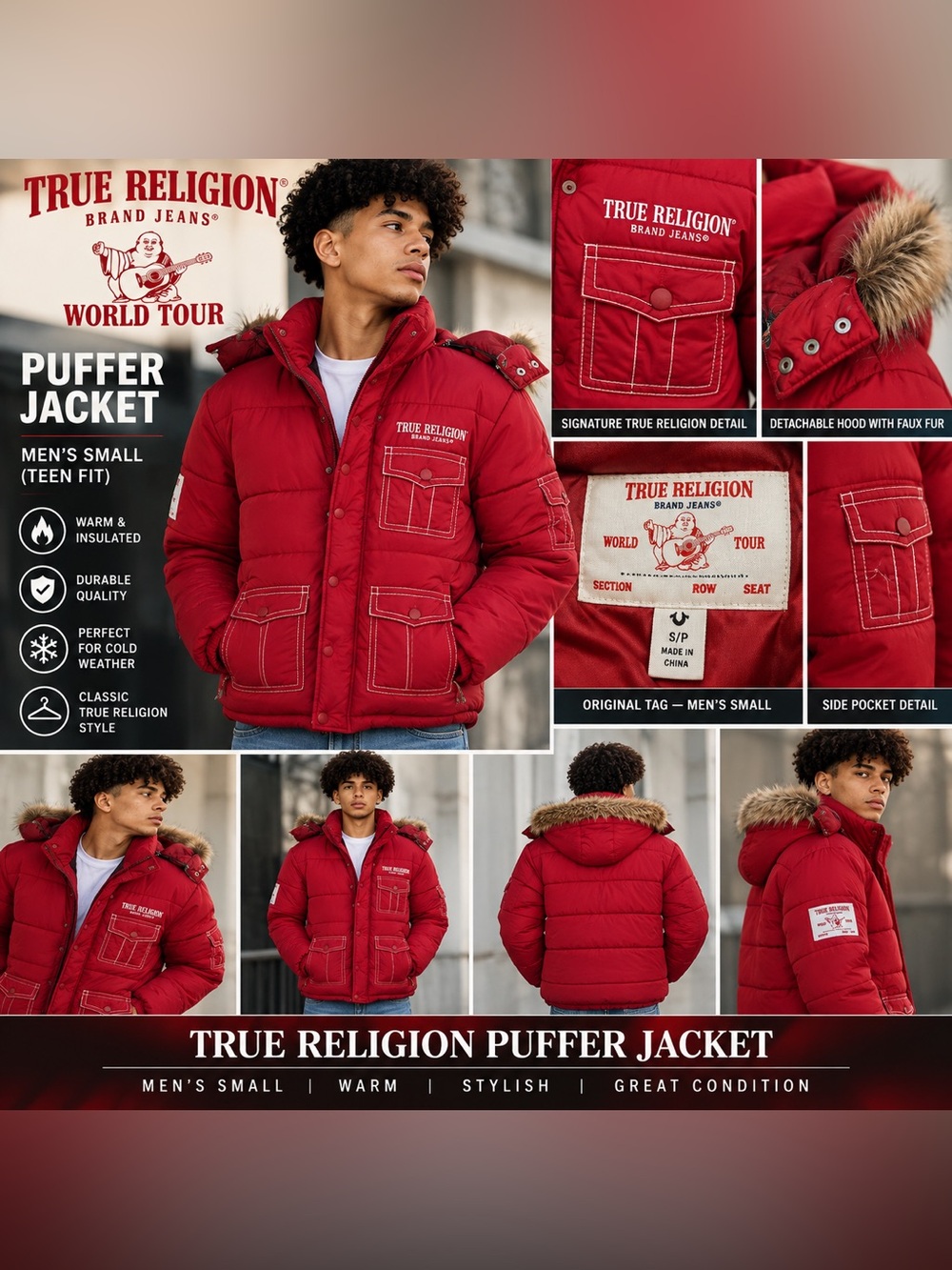 True Religion Men’s Red Quilted Puffer Jacket with Faux-Fur Trim Hood size Small